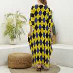 Yellow Blue And Black Argyle Print Silk V-Neck Kaftan Dress