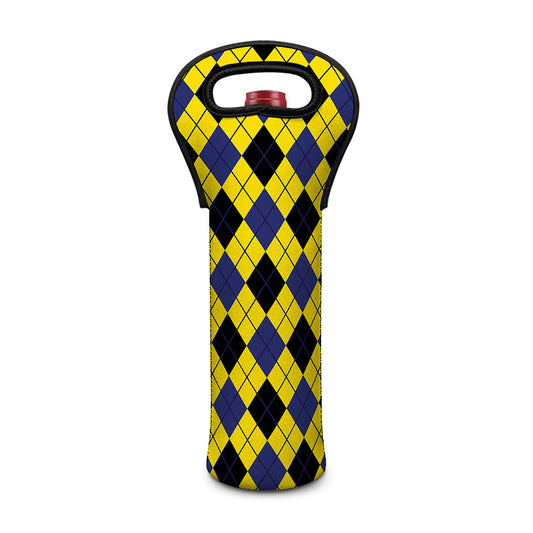 Yellow Blue And Black Argyle Print Single Neoprene Wine Tote