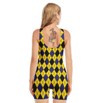 Yellow Blue And Black Argyle Print Sleeveless One Piece Swimsuit