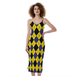Yellow Blue And Black Argyle Print Slim Fit Midi Cami Dress