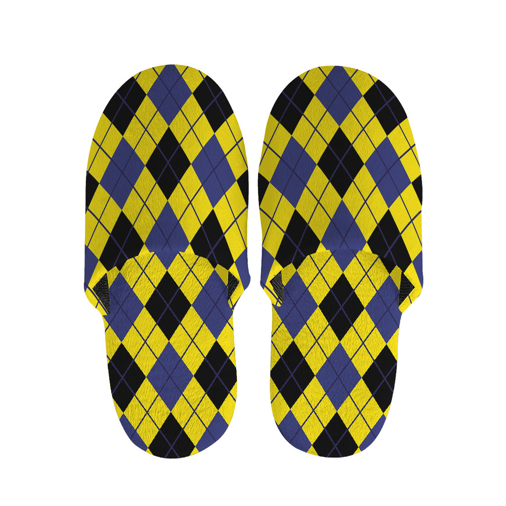 Yellow Blue And Black Argyle Print Slippers