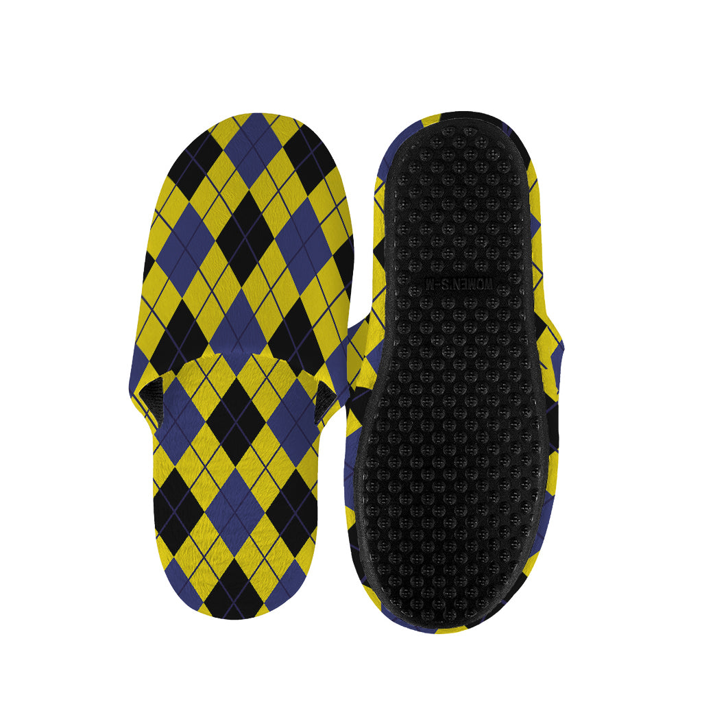 Yellow Blue And Black Argyle Print Slippers