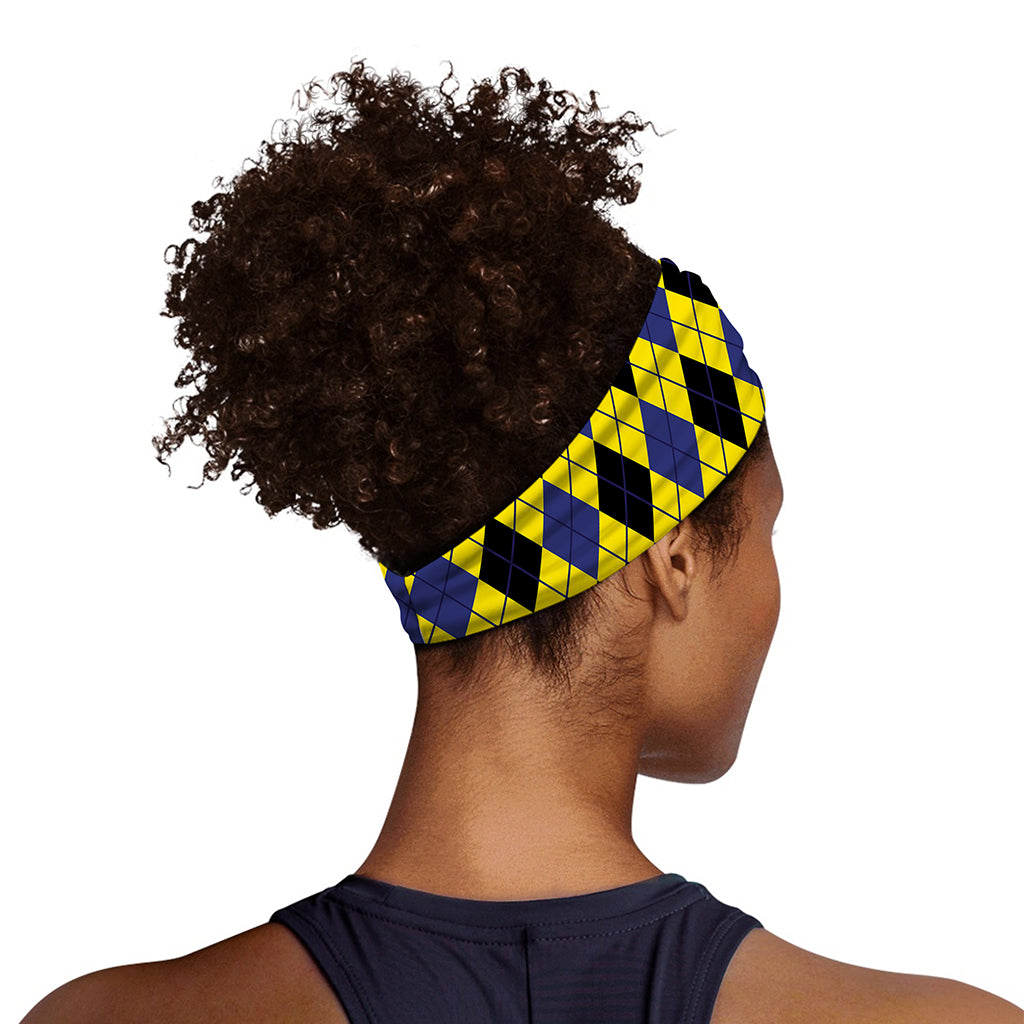 Yellow Blue And Black Argyle Print Sports Headband