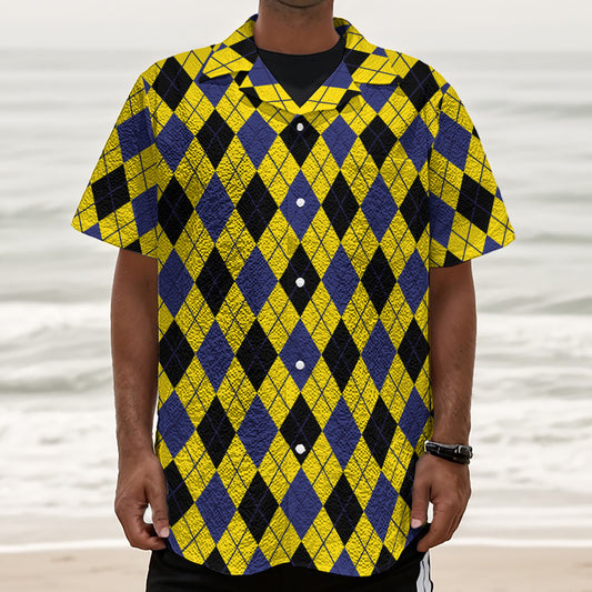 Yellow Blue And Black Argyle Print Textured Short Sleeve Shirt