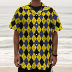 Yellow Blue And Black Argyle Print Textured Short Sleeve Shirt