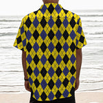 Yellow Blue And Black Argyle Print Textured Short Sleeve Shirt