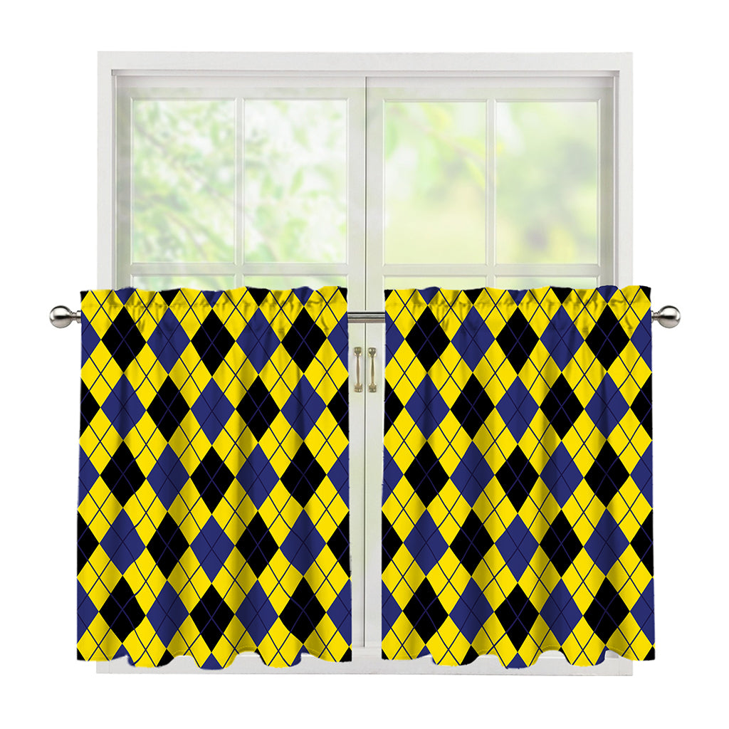 Yellow Blue And Black Argyle Print Tier Curtains