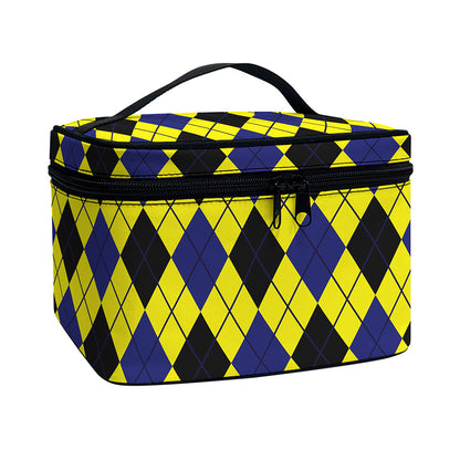 Yellow Blue And Black Argyle Print Travel Makeup Bag