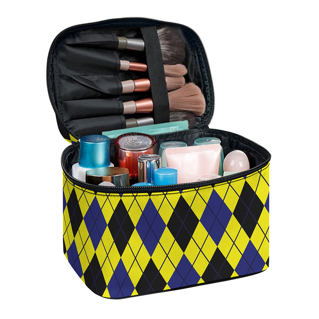 Yellow Blue And Black Argyle Print Travel Makeup Bag
