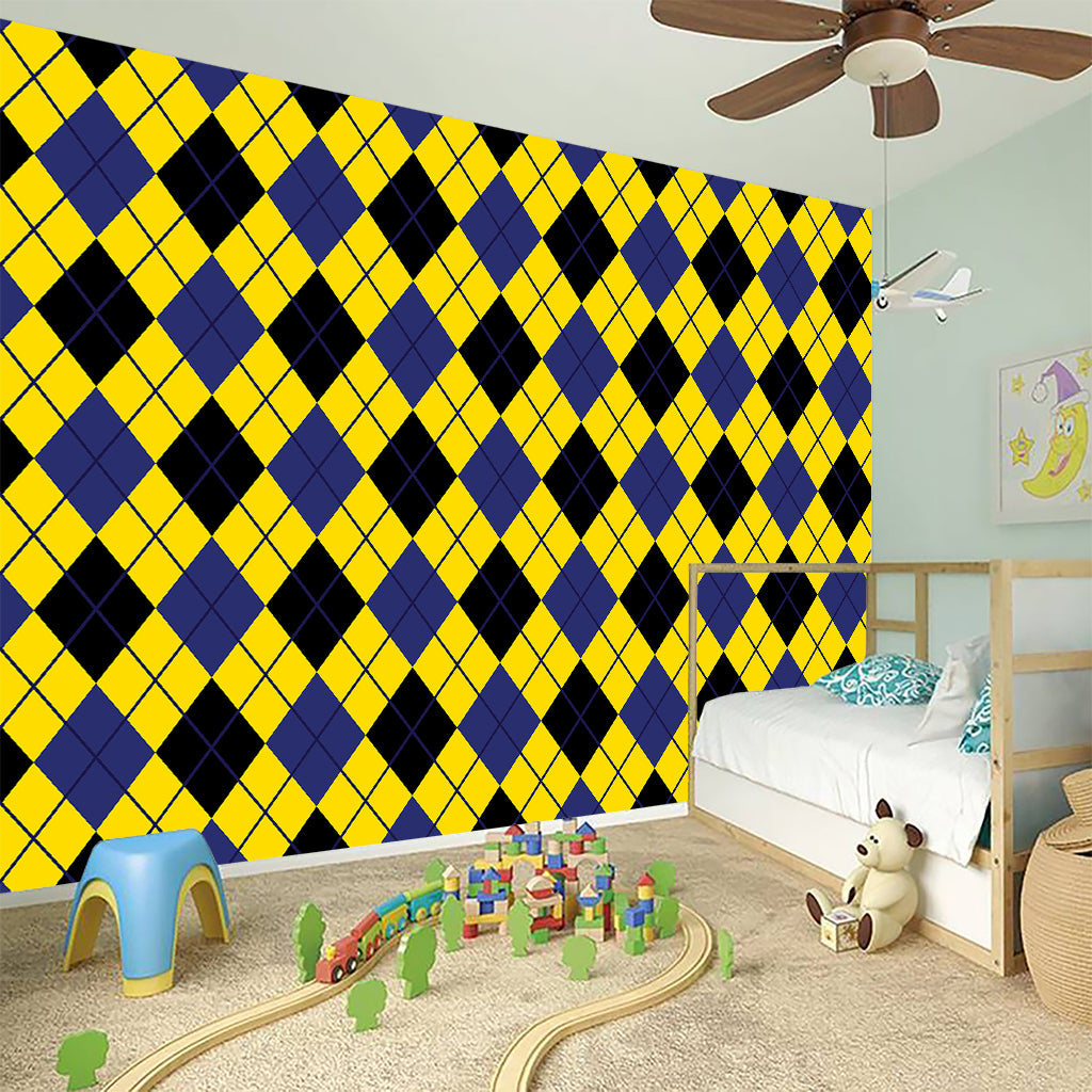 Yellow Blue And Black Argyle Print Wall Sticker
