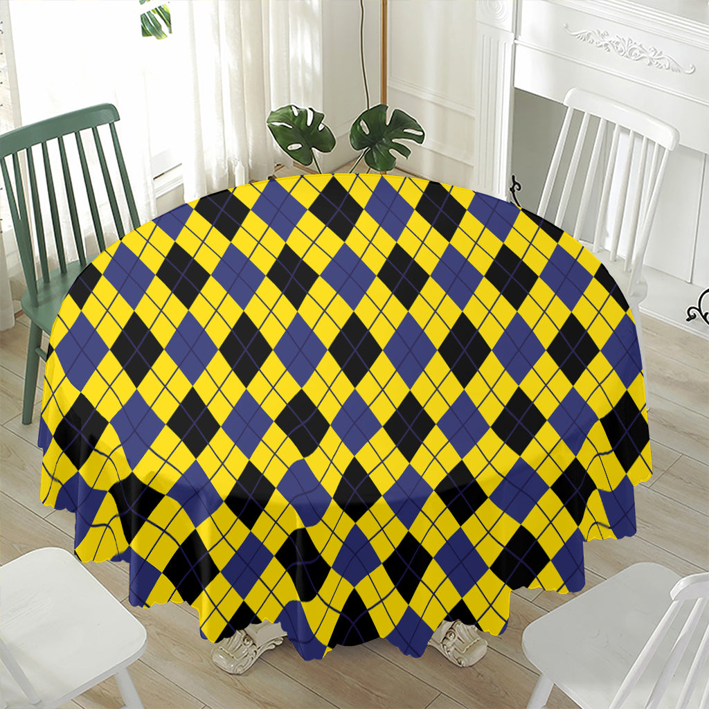 Yellow Blue And Black Argyle Print Waterproof Round Tablecloth