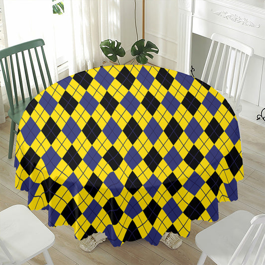Yellow Blue And Black Argyle Print Waterproof Round Tablecloth