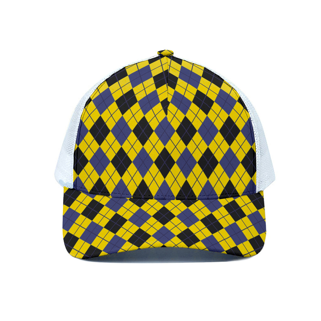 Yellow Blue And Black Argyle Print White Mesh Trucker Cap