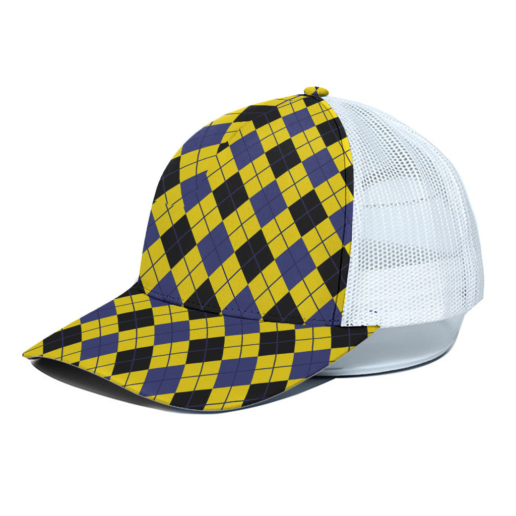 Yellow Blue And Black Argyle Print White Mesh Trucker Cap
