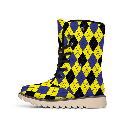 Yellow Blue And Black Argyle Print Winter Boots