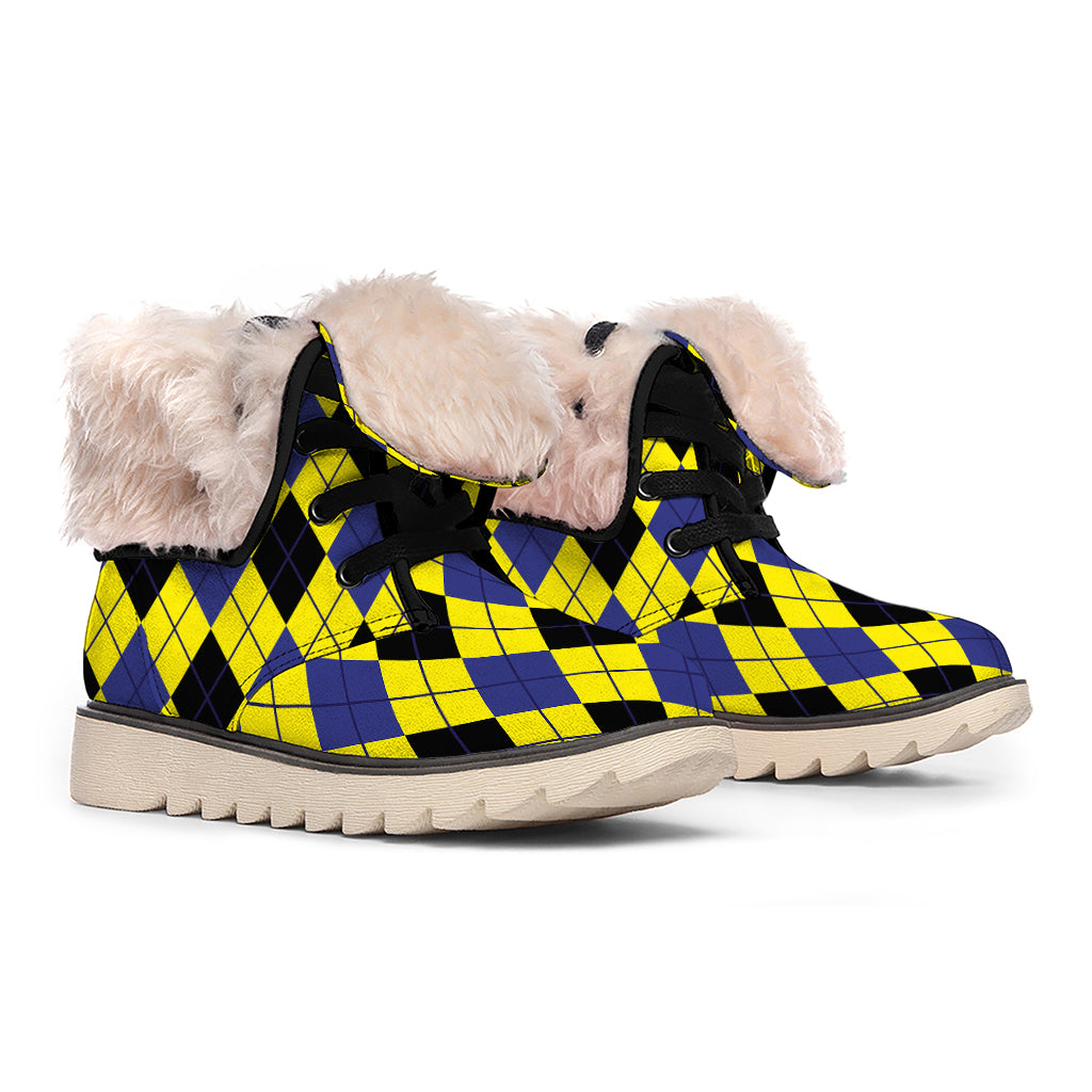 Yellow Blue And Black Argyle Print Winter Boots