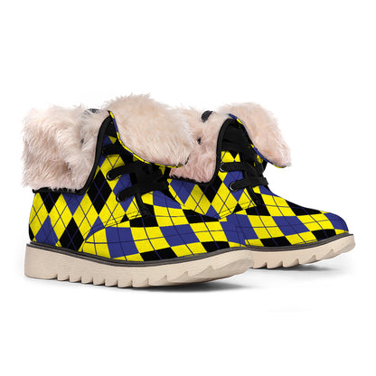Yellow Blue And Black Argyle Print Winter Boots