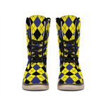 Yellow Blue And Black Argyle Print Winter Boots