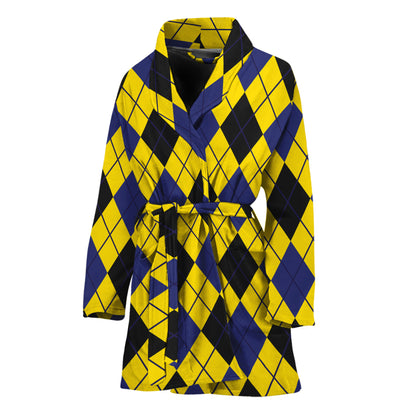 Yellow Blue And Black Argyle Print Women's Bathrobe