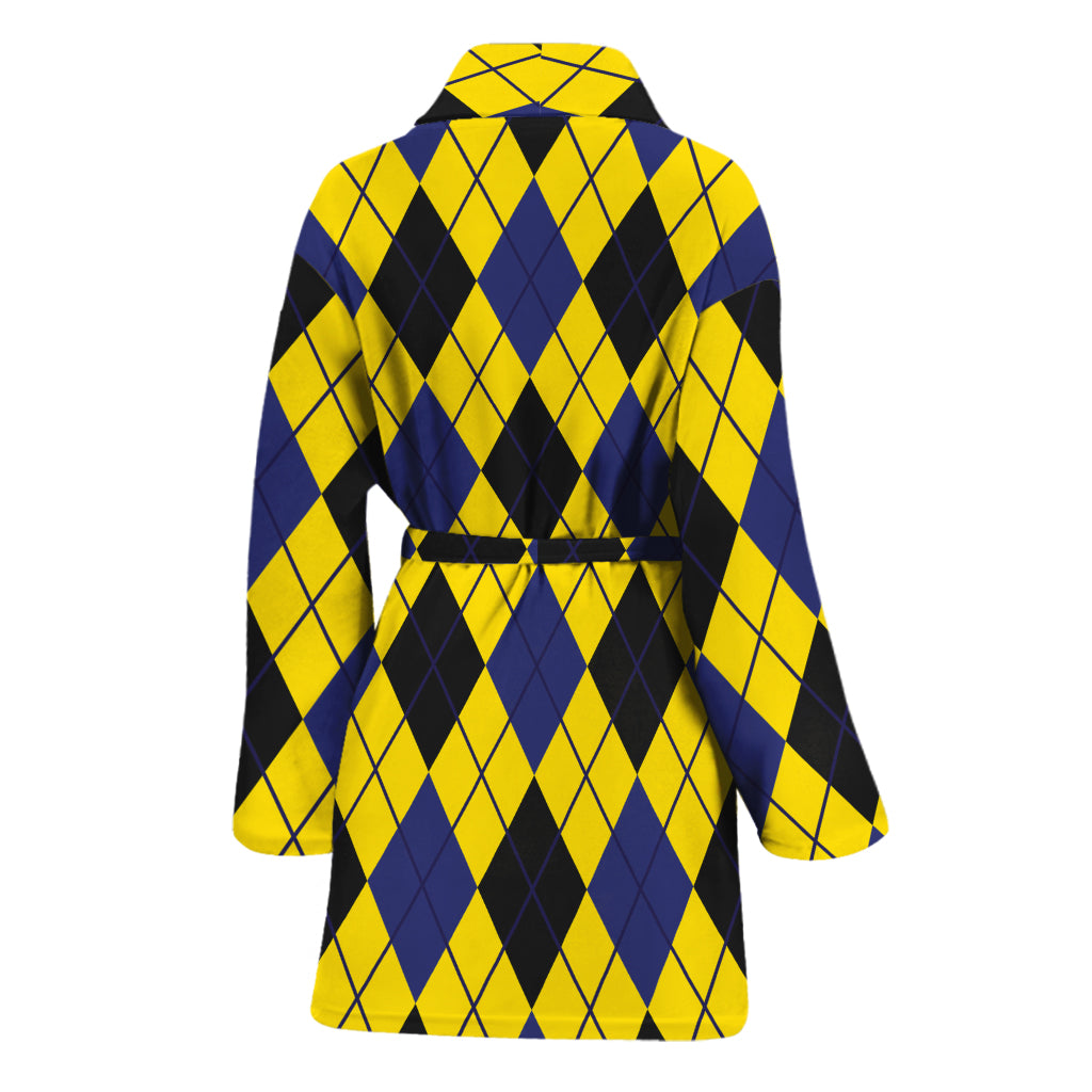 Yellow Blue And Black Argyle Print Women's Bathrobe