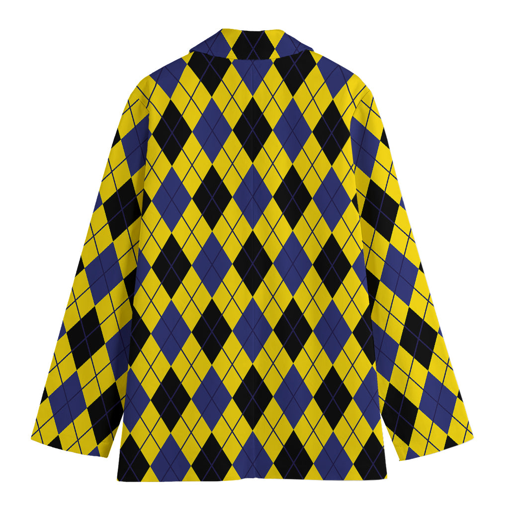 Yellow Blue And Black Argyle Print Women's Blazer