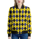 Yellow Blue And Black Argyle Print Women's Bomber Jacket