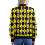 Yellow Blue And Black Argyle Print Women's Bomber Jacket