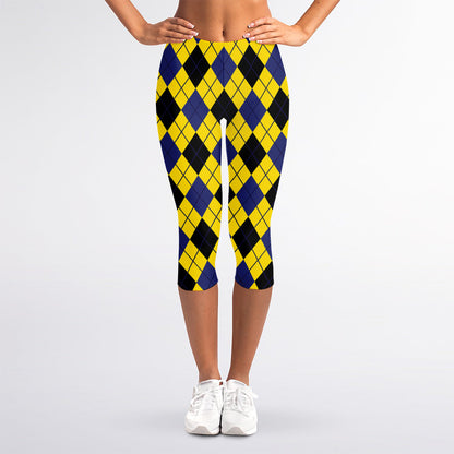 Yellow Blue And Black Argyle Print Women's Capri Leggings