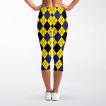 Yellow Blue And Black Argyle Print Women's Capri Leggings
