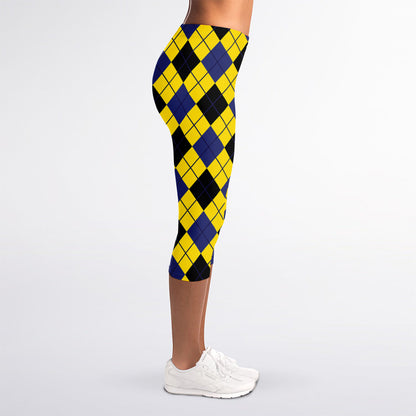 Yellow Blue And Black Argyle Print Women's Capri Leggings