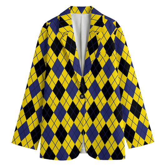 Yellow Blue And Black Argyle Print Women's Cotton Blazer