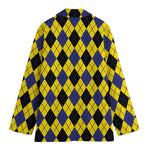 Yellow Blue And Black Argyle Print Women's Cotton Blazer