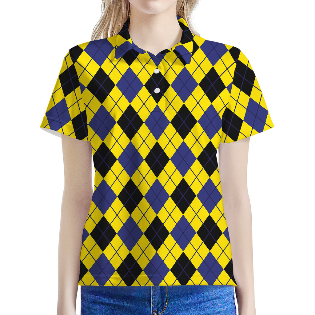 Yellow Blue And Black Argyle Print Women's Polo Shirt