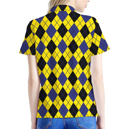 Yellow Blue And Black Argyle Print Women's Polo Shirt