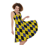 Yellow Blue And Black Argyle Print Women's Sleeveless Dress