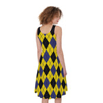 Yellow Blue And Black Argyle Print Women's Sleeveless Dress