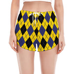 Yellow Blue And Black Argyle Print Women's Split Running Shorts