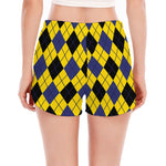 Yellow Blue And Black Argyle Print Women's Split Running Shorts