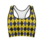 Yellow Blue And Black Argyle Print Women's Sports Bra