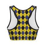 Yellow Blue And Black Argyle Print Women's Sports Bra
