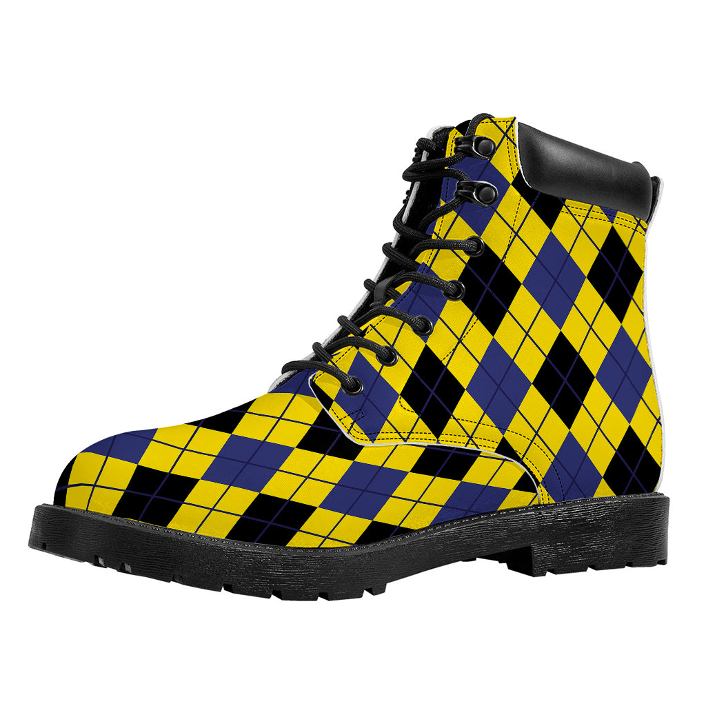 Yellow Blue And Black Argyle Print Work Boots