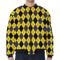 Yellow Blue And Black Argyle Print Zip Sleeve Bomber Jacket
