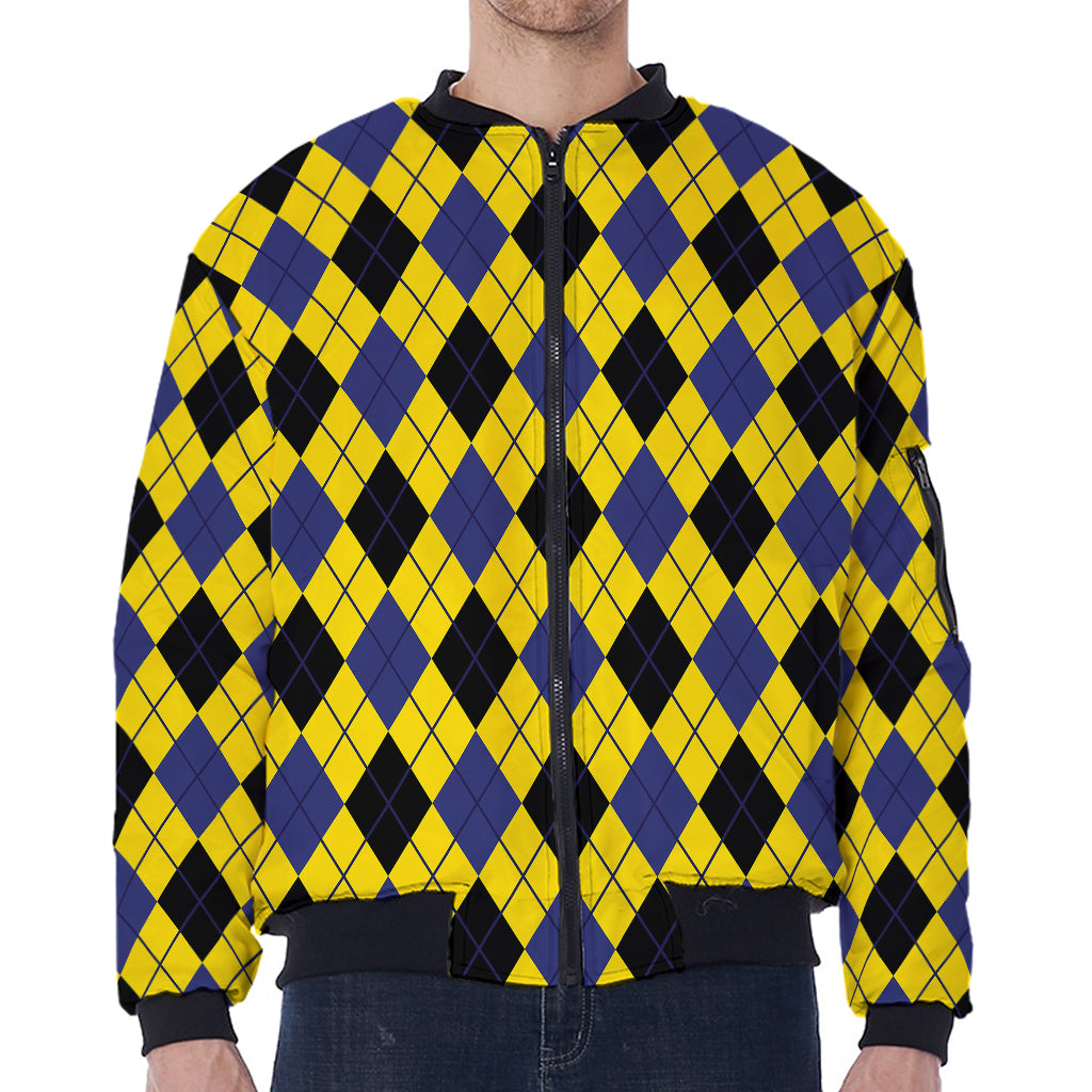 Yellow Blue And Black Argyle Print Zip Sleeve Bomber Jacket
