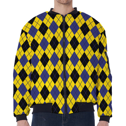 Yellow Blue And Black Argyle Print Zip Sleeve Bomber Jacket