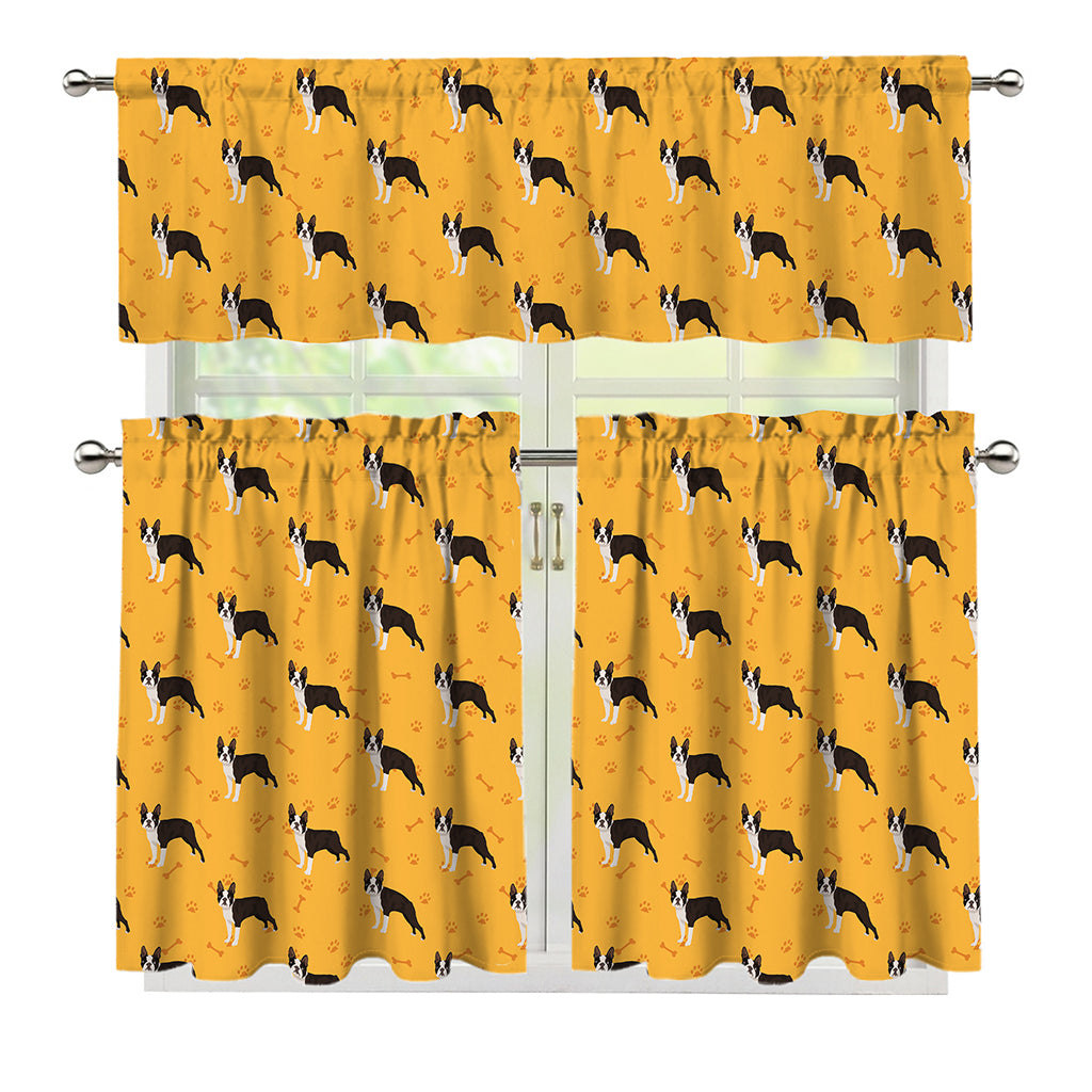 Yellow Boston Terrier Pattern Print 3 Piece Kitchen Curtains
