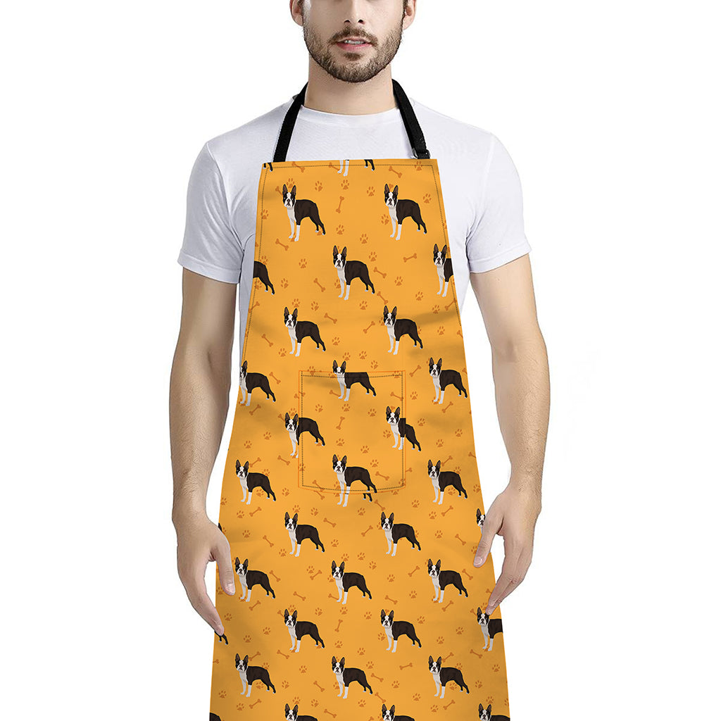 Yellow Boston Terrier Pattern Print Bib Apron With Pocket