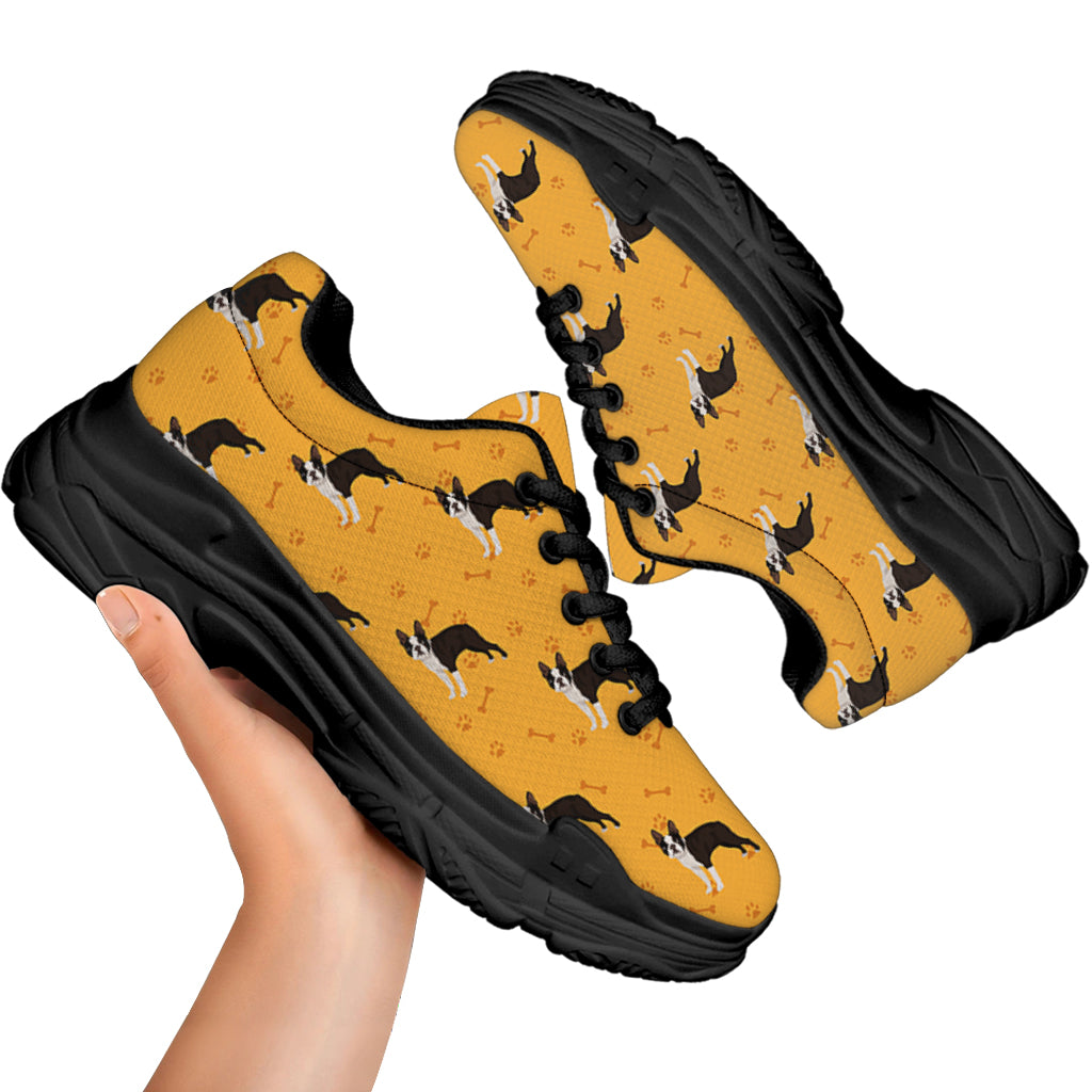 Yellow Boston Terrier Pattern Print Black Chunky Shoes