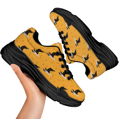 Yellow Boston Terrier Pattern Print Black Chunky Shoes