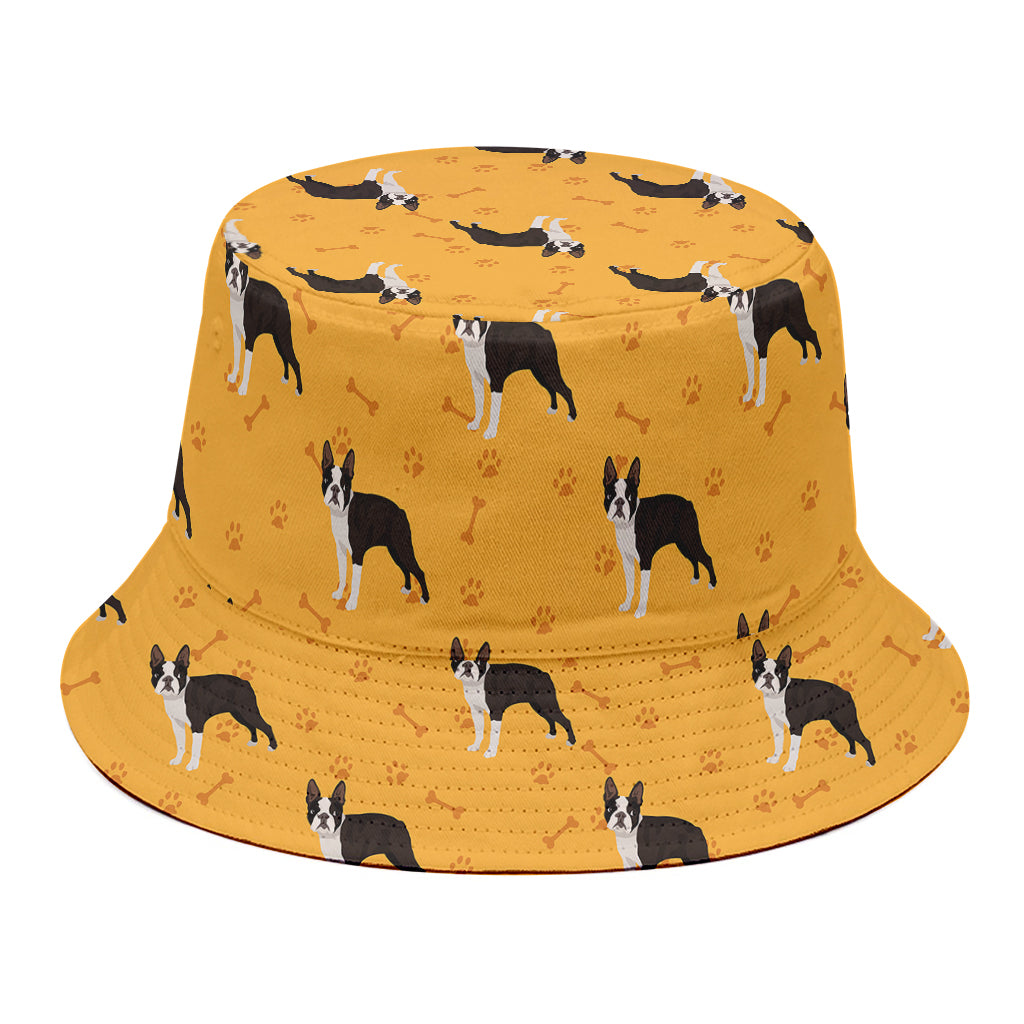 Yellow Boston Terrier Pattern Print Bucket Hat