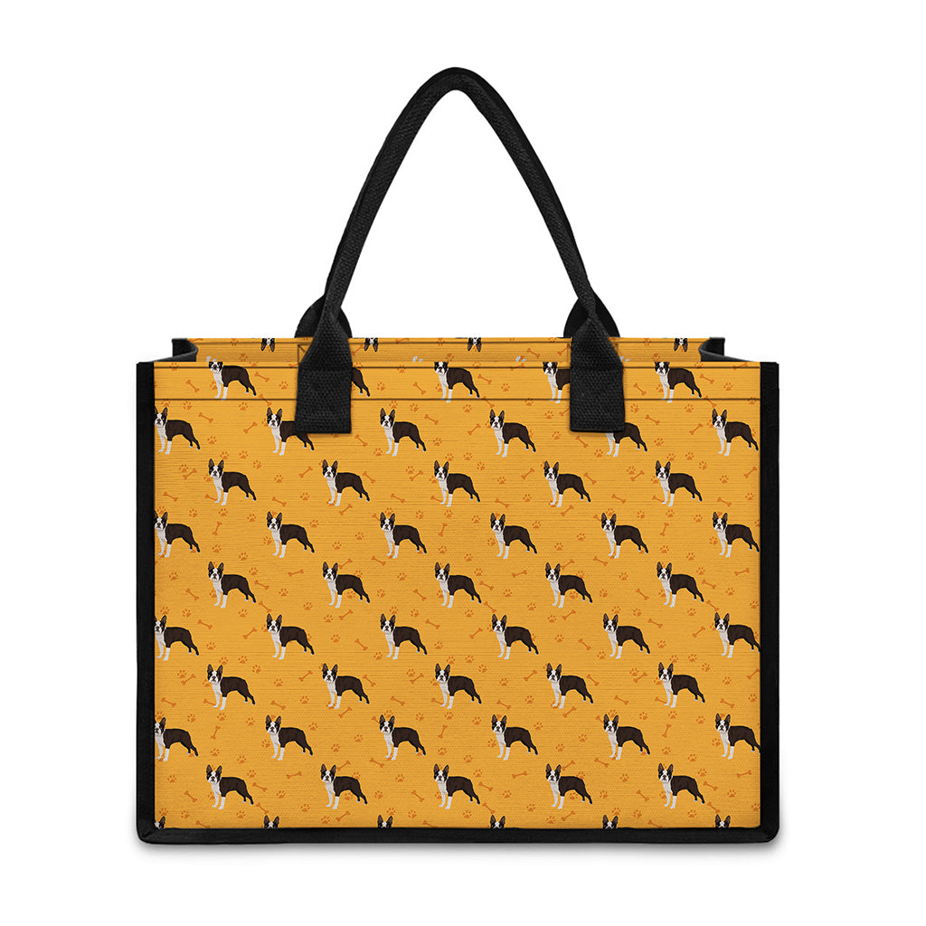 Yellow Boston Terrier Pattern Print Canvas Tote Bag